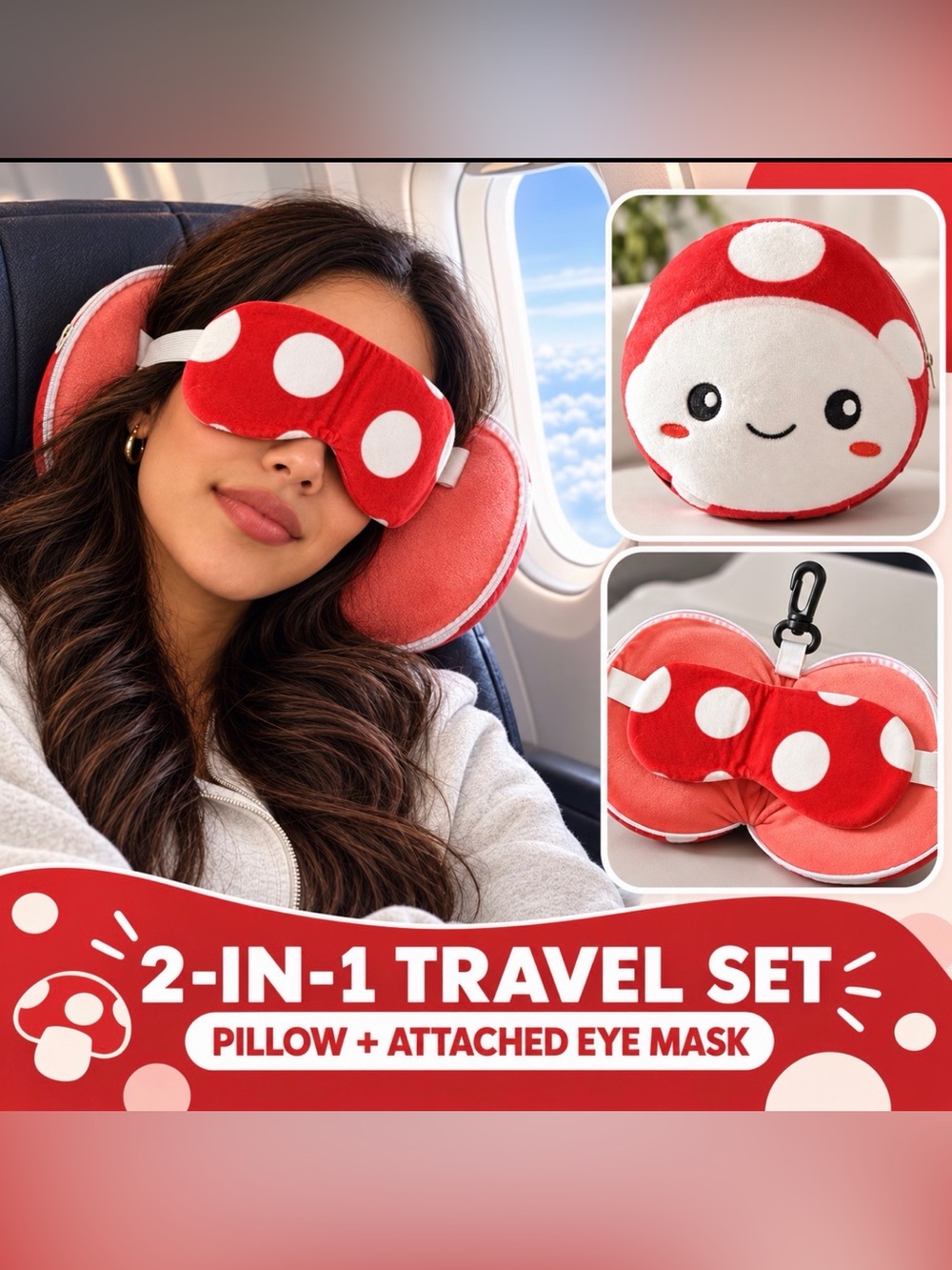 RARE Sold out 2 in 1 Mushroom Travel Mask and Pillow set womens mens children